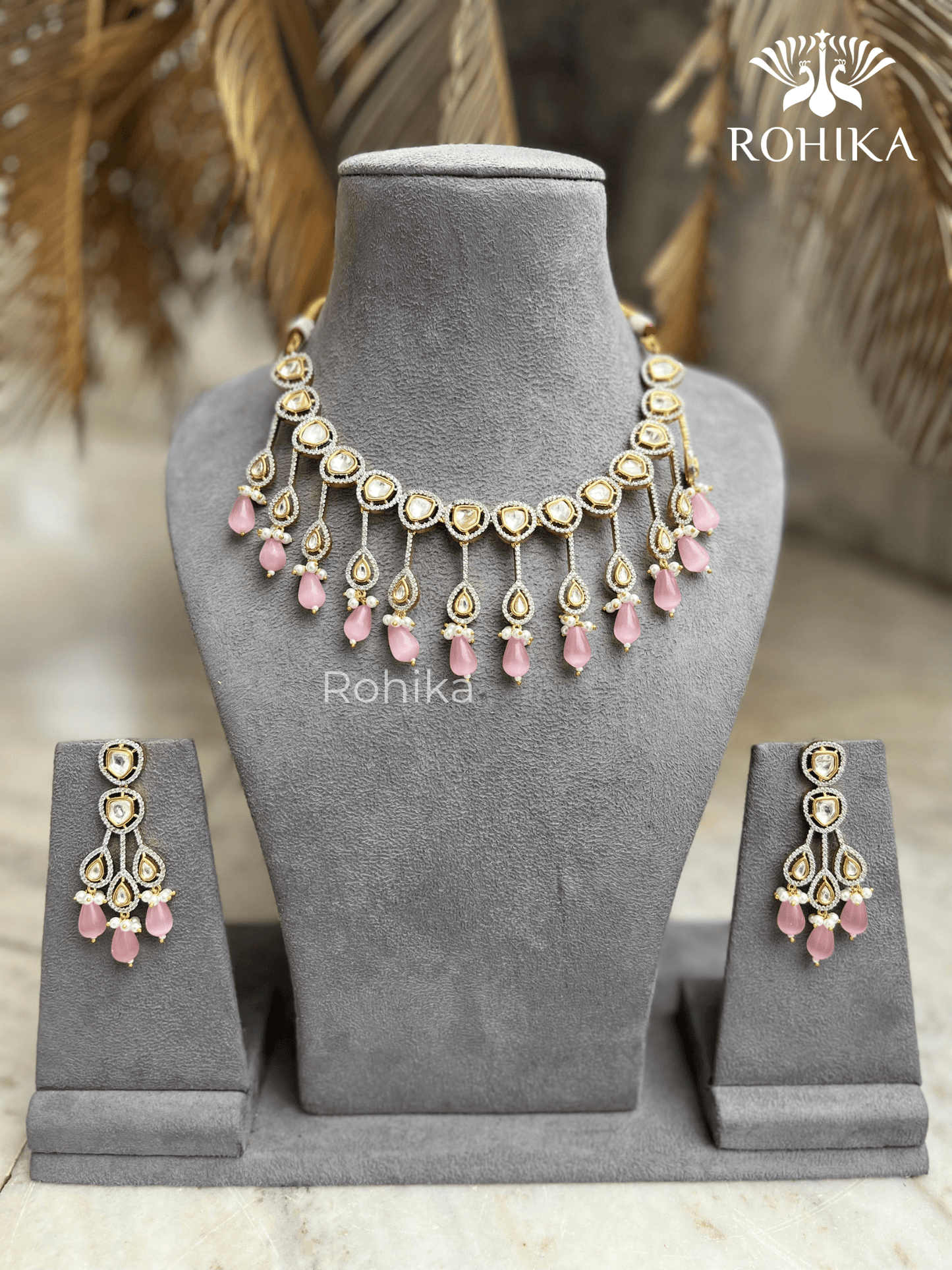 Shaina polki kundan necklace set - Light Pink - Rohika Store
