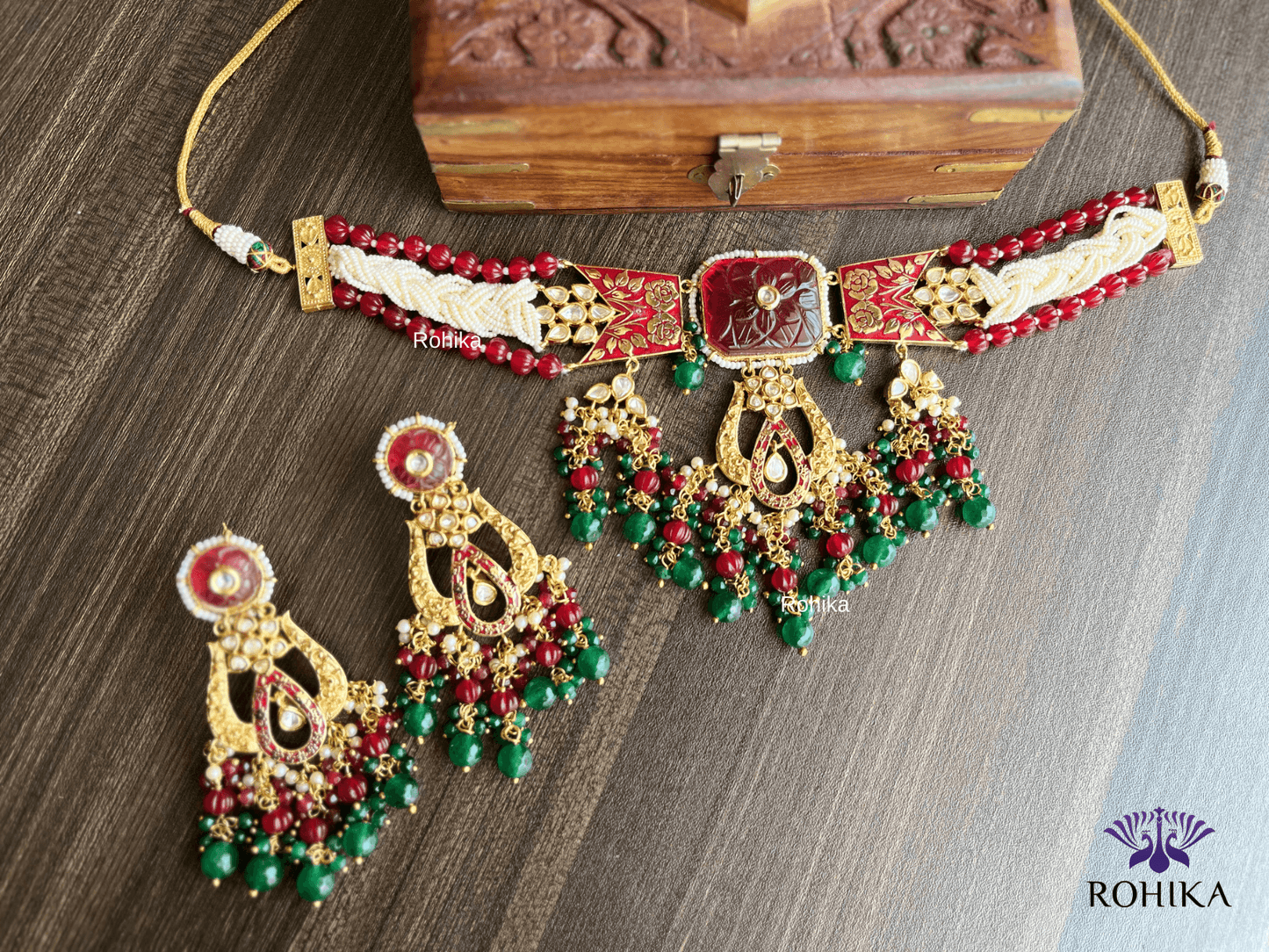 Fusion choker set - Maroon and dark green - Rohika Store