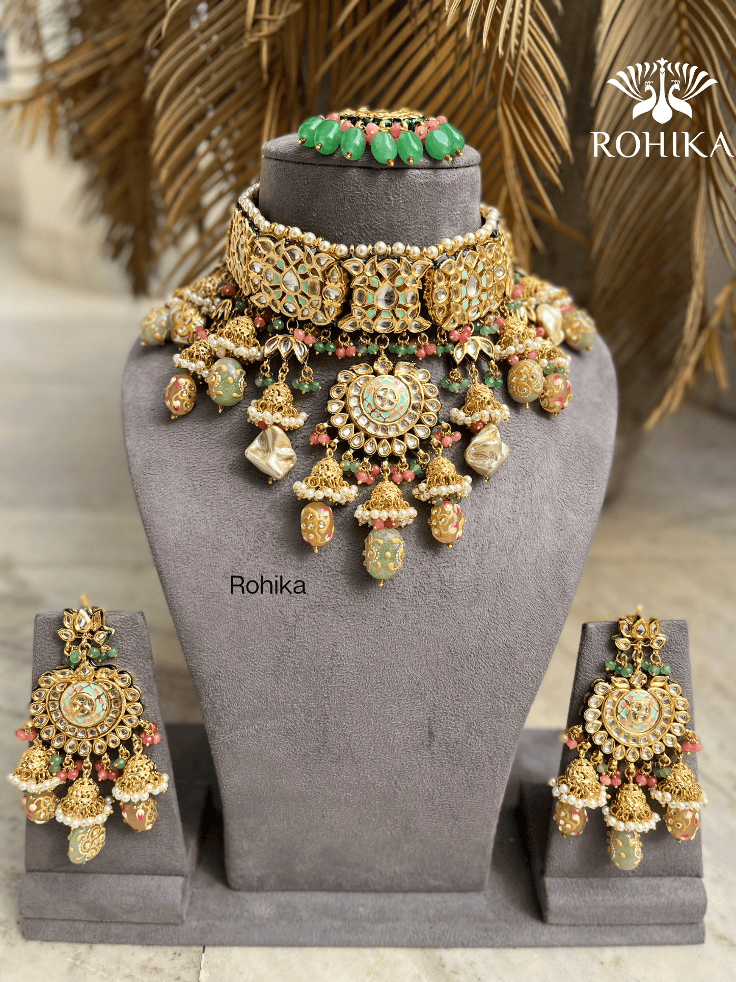 Meenakari Kundan choker set - Peach and Mint - Rohika Store