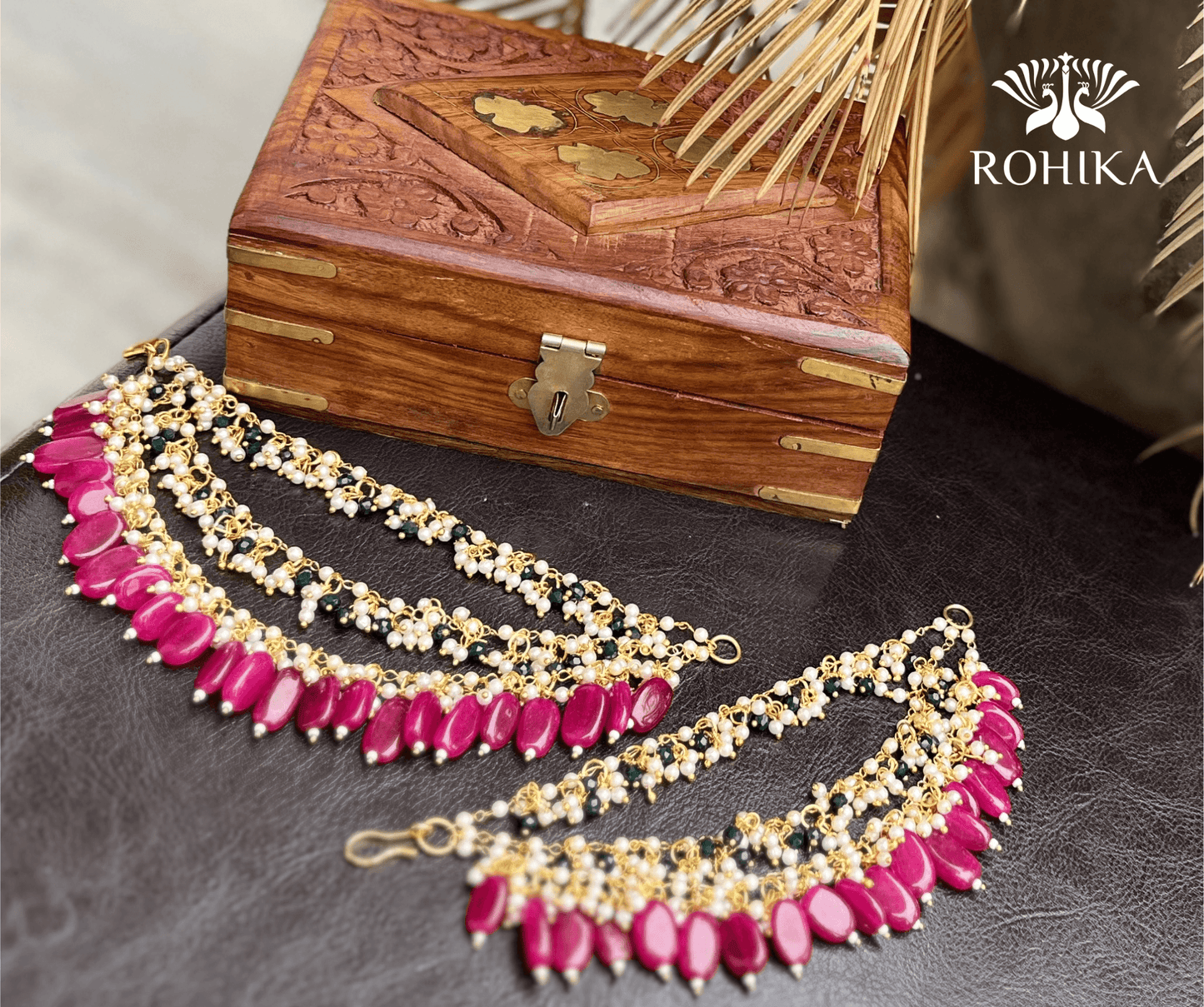 Nandini pearl earchains - Dark Pink - Rohika Store