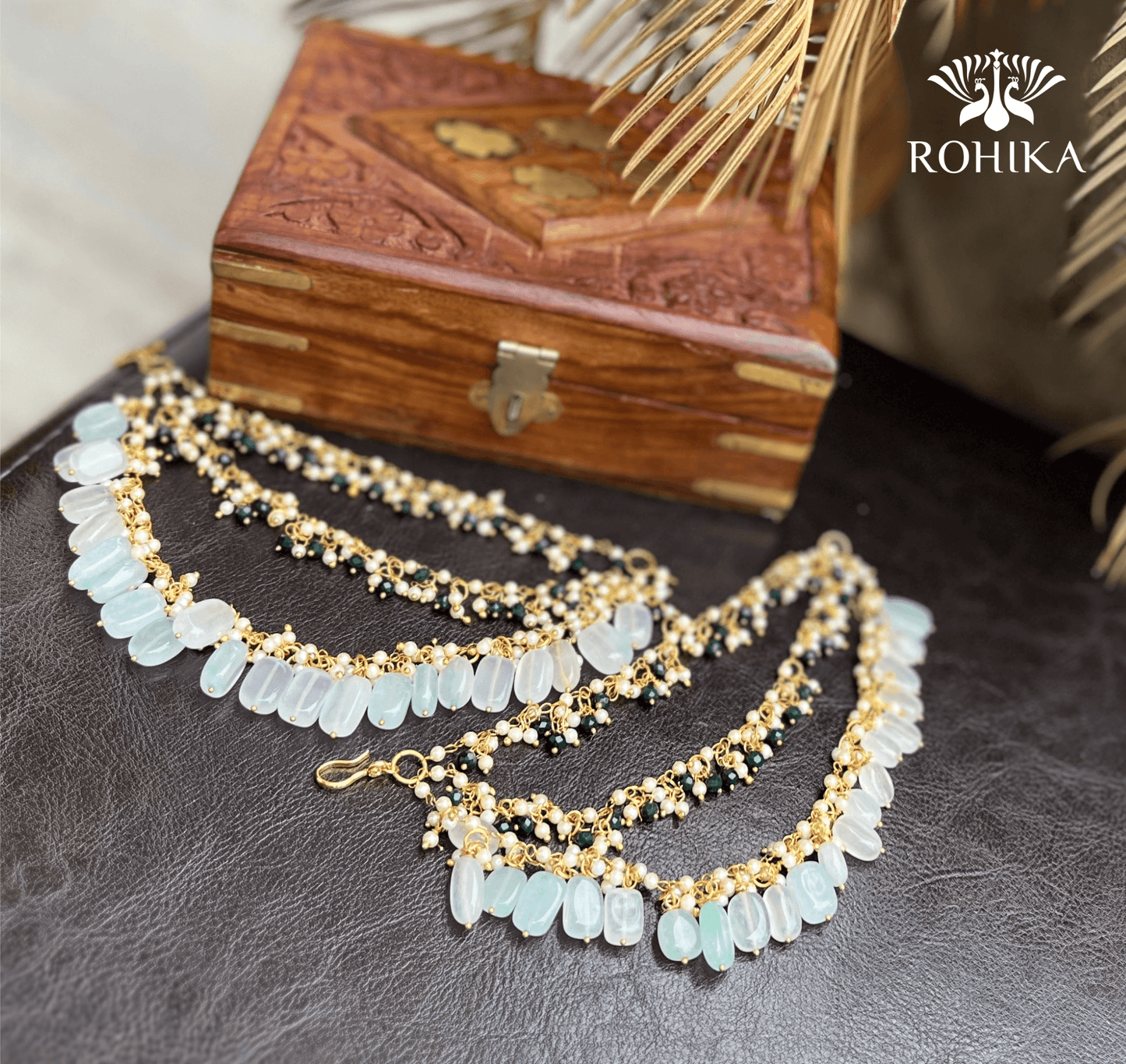 Nandini pearl earchains - Mint - Rohika Store