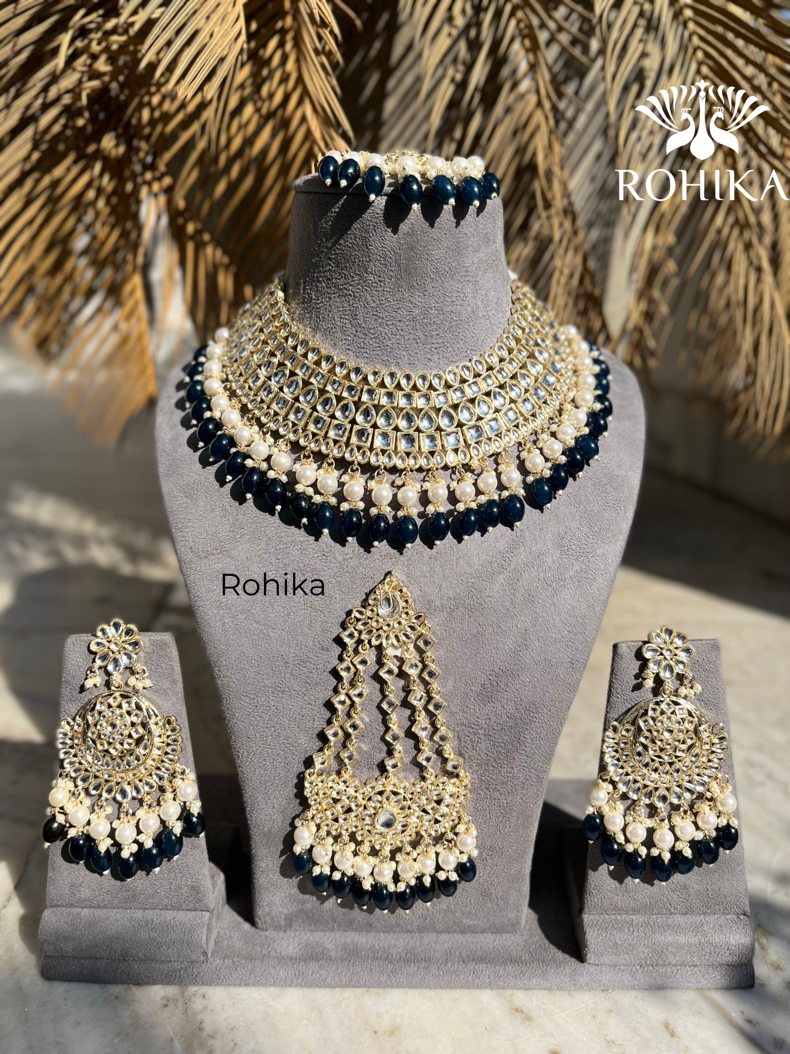 Shehzadi Dabi Kundan semi bridal necklace set Navy Blue Rohika Store