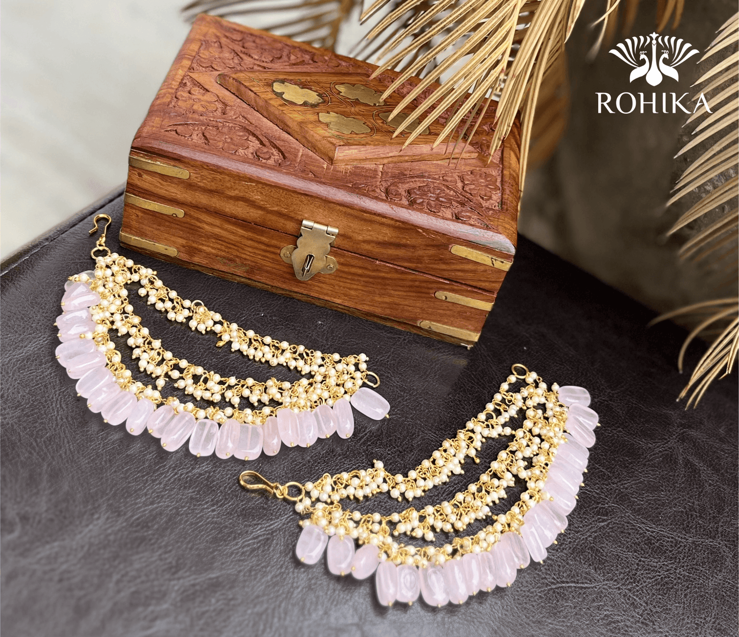 Nandini pearl earchains - Light Pink - Rohika Store