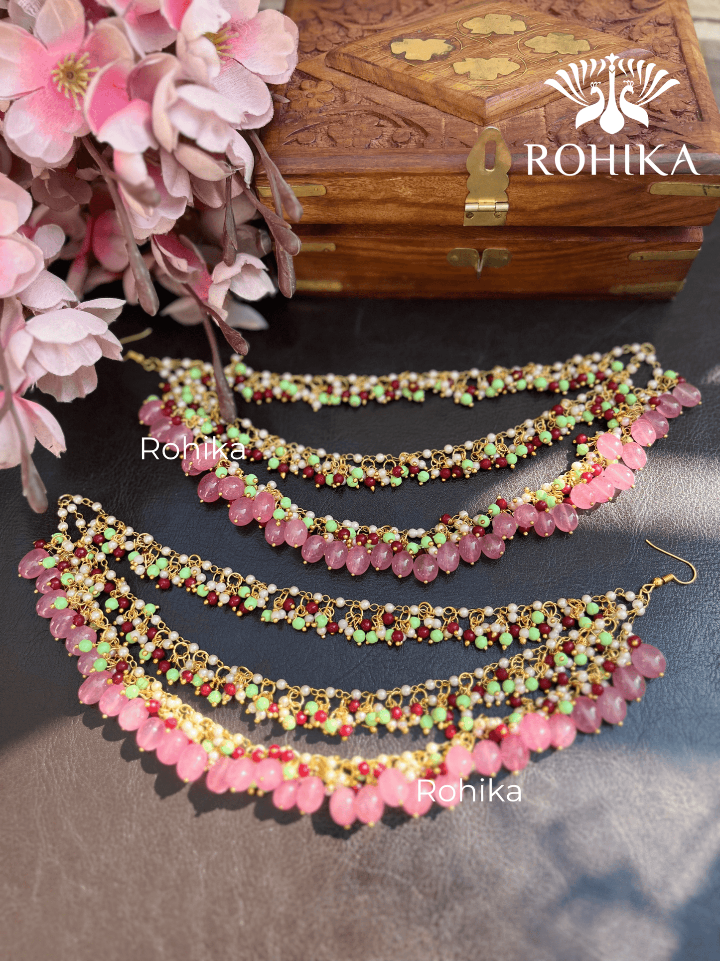 Nandini pearl earchains - Light pink - Rohika Store