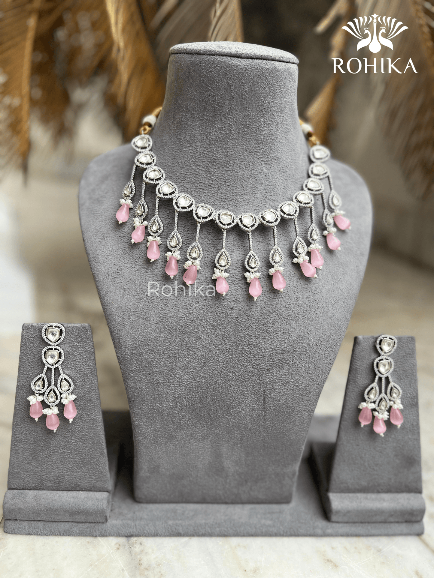 Shaina polki kundan necklace set - Light Pink - Rohika Store