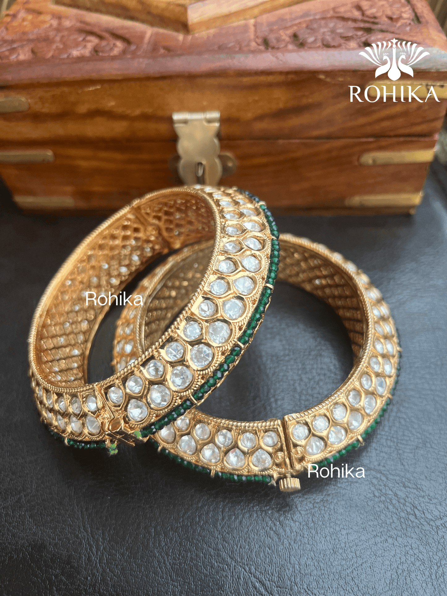 Mahim polki kundan kada/bangles - Green and Rose gold polish - Rohika Store