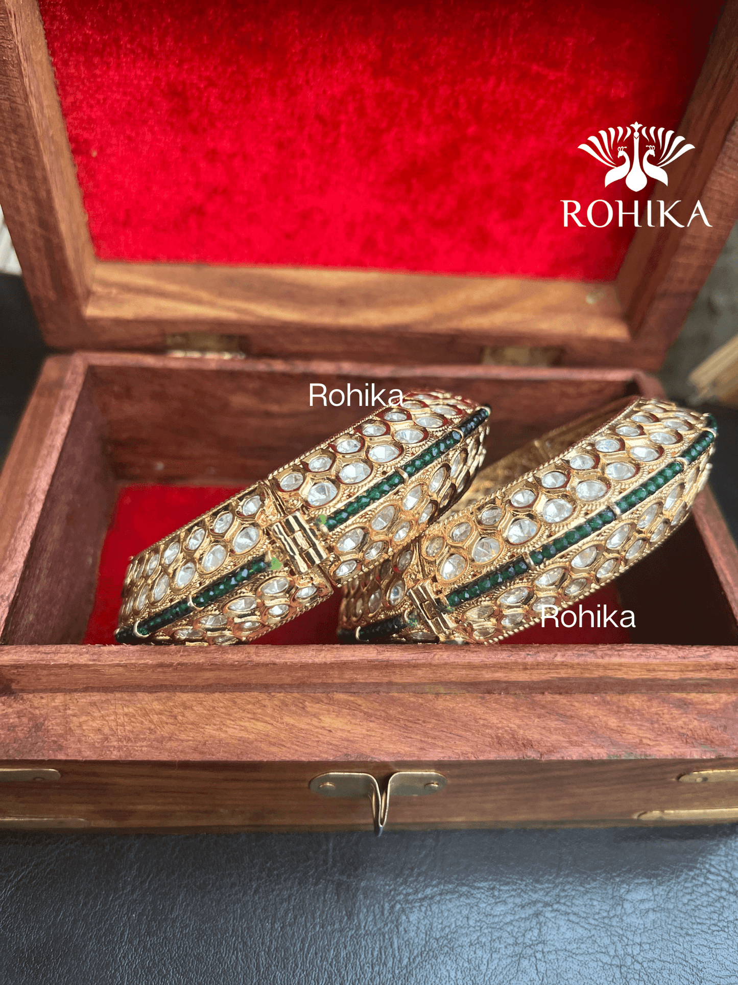 Mahim polki kundan kada/bangles - Green and Rose gold polish - Rohika Store