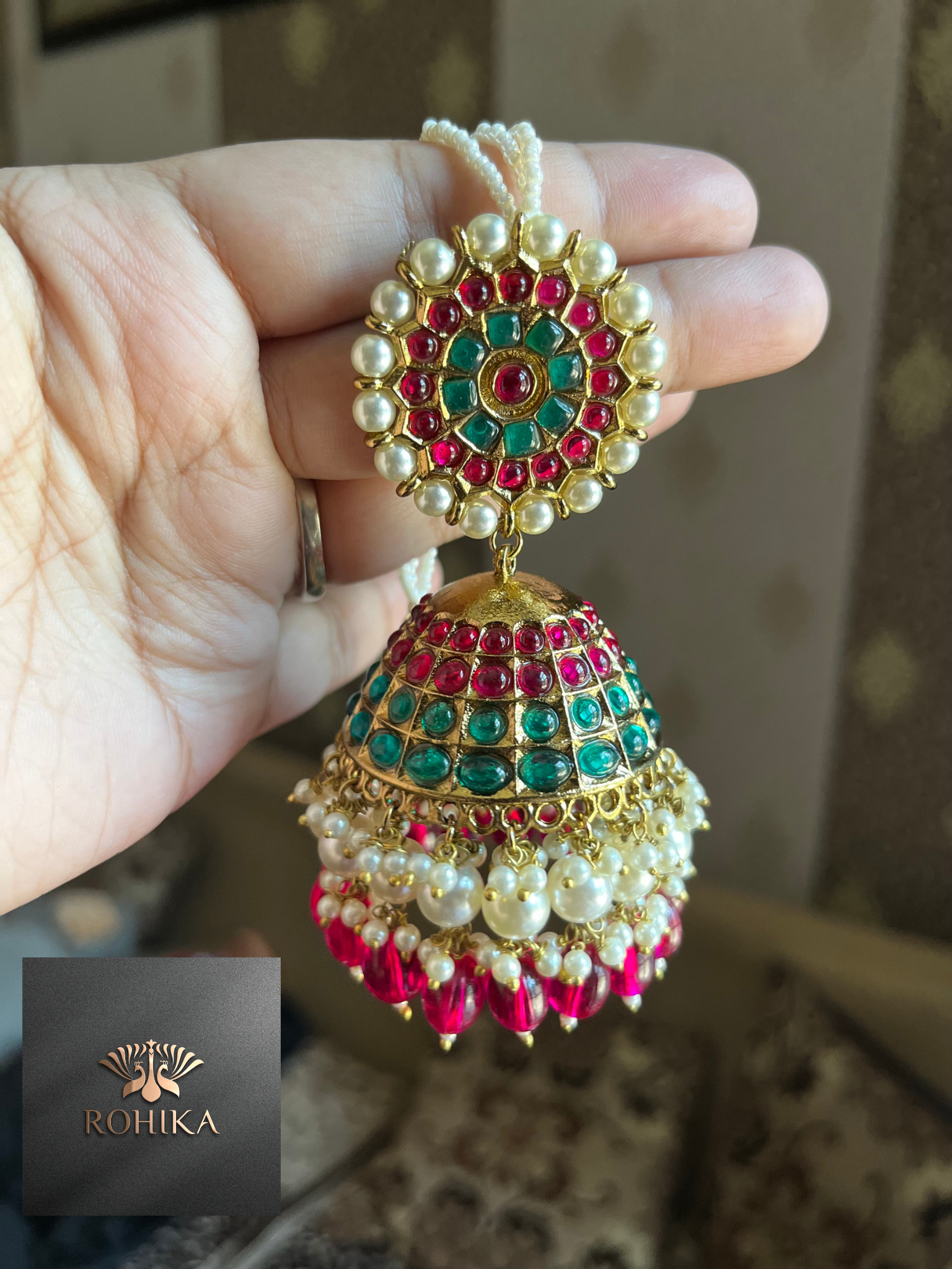 Red and green deals jhumkas