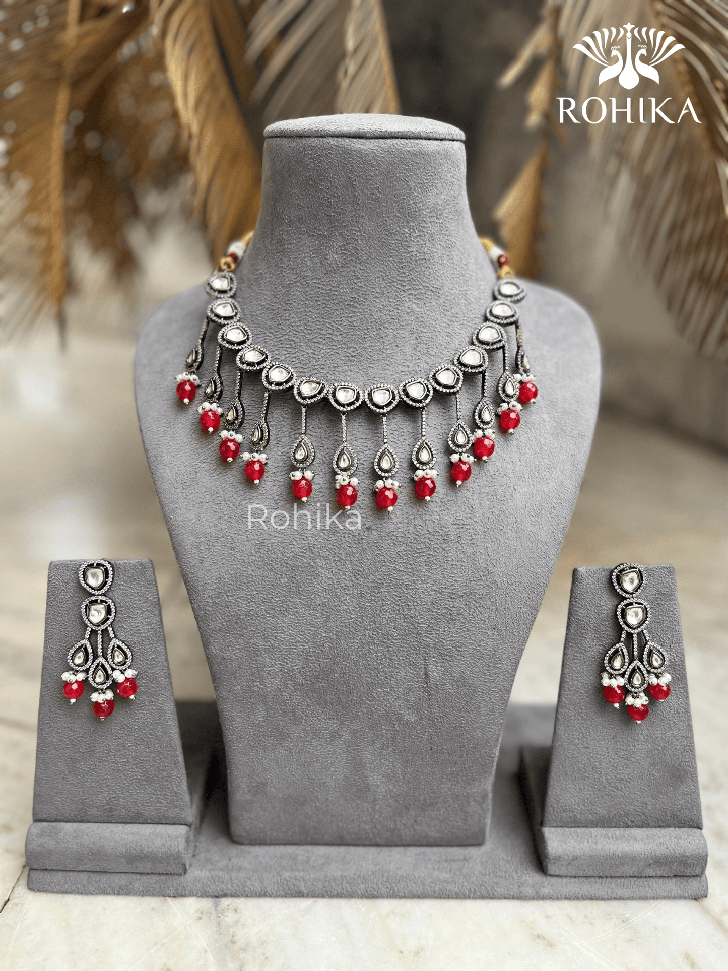 Shaina polki kundan necklace set - Red - Rohika Store