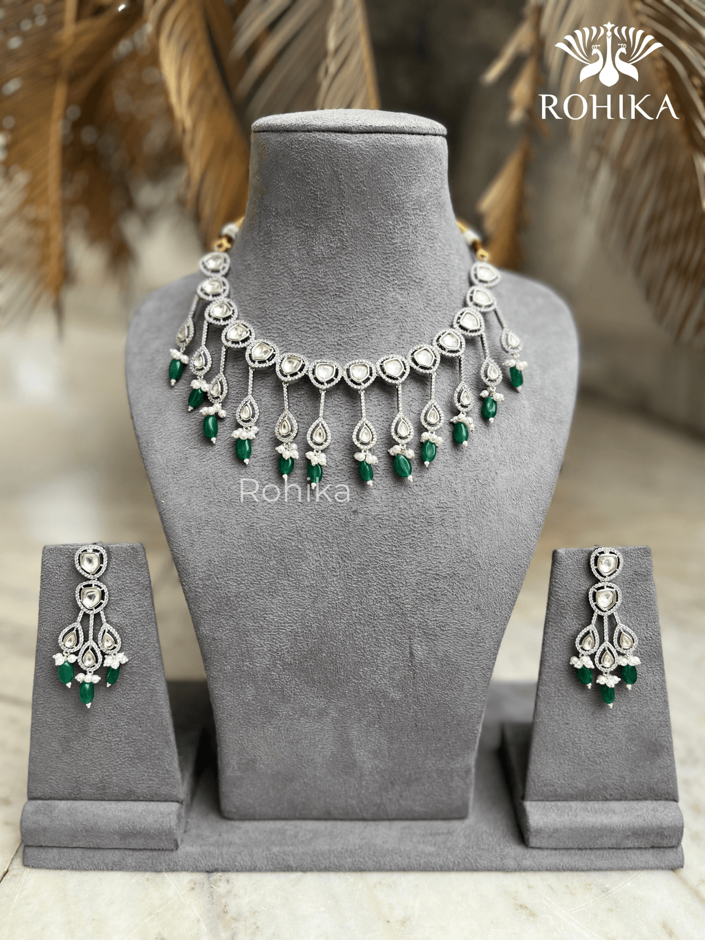 Shaina polki kundan necklace set - Green - Rohika Store