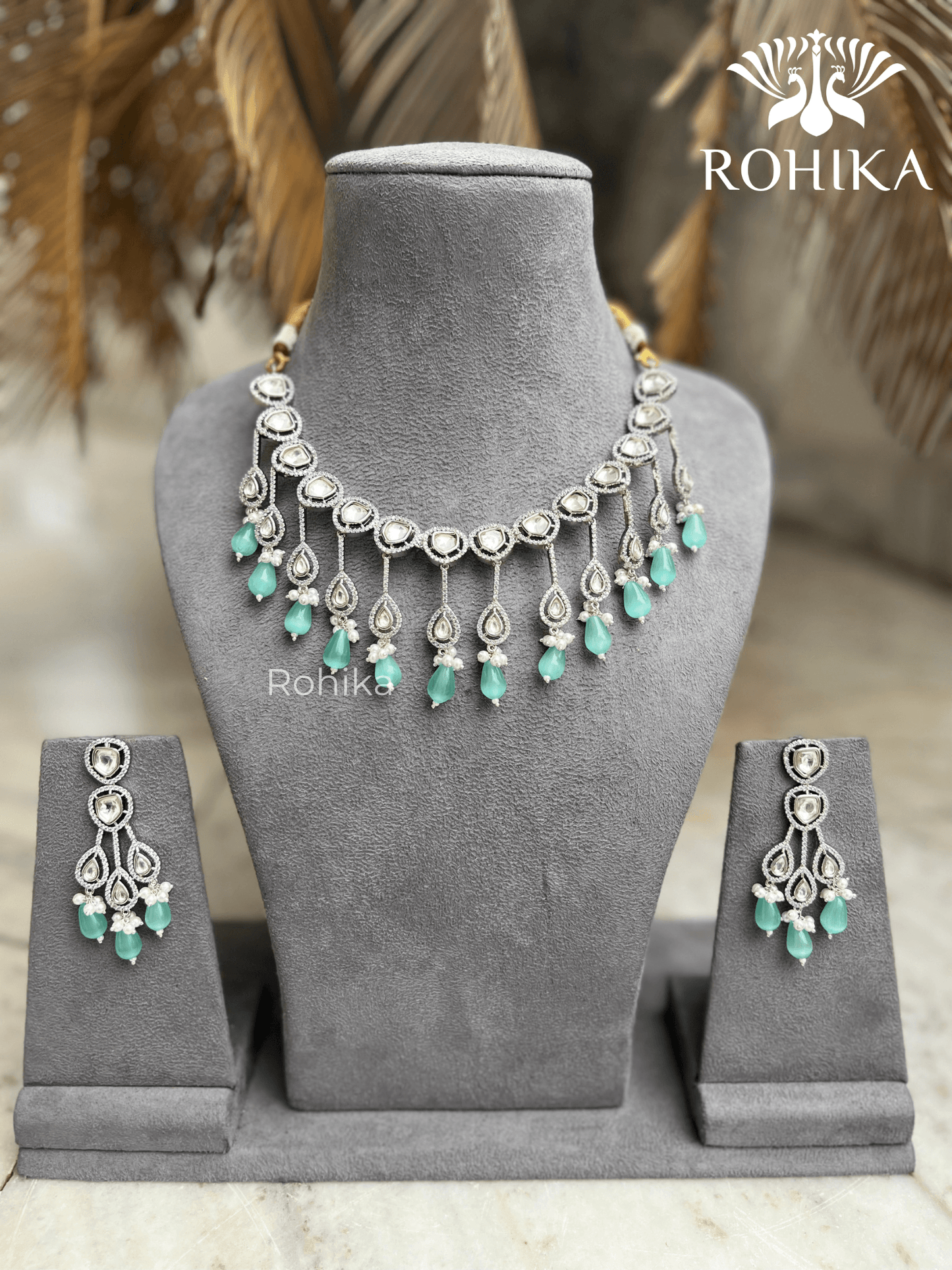 Shaina polki kundan necklace set - Sky Blue - Rohika Store