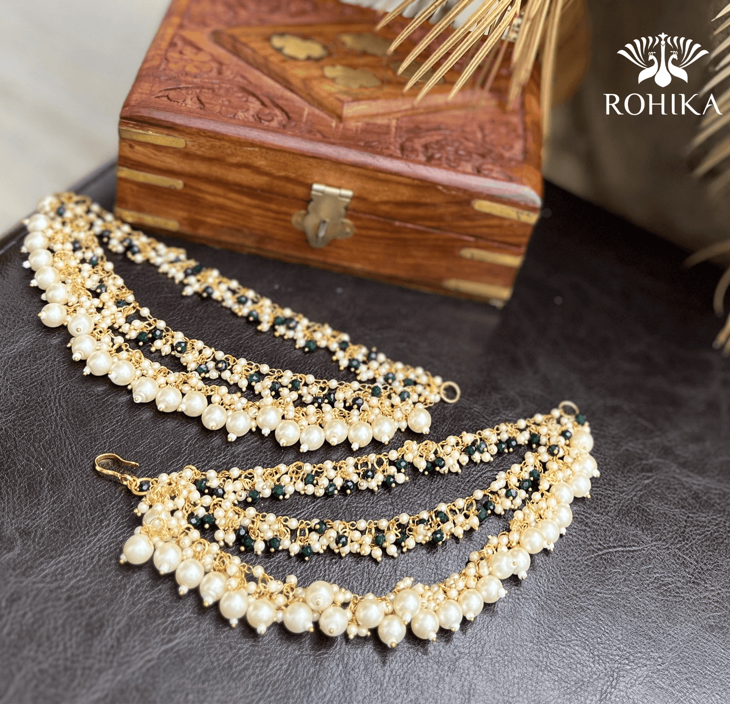 Nandini pearl earchains - white - Rohika Store