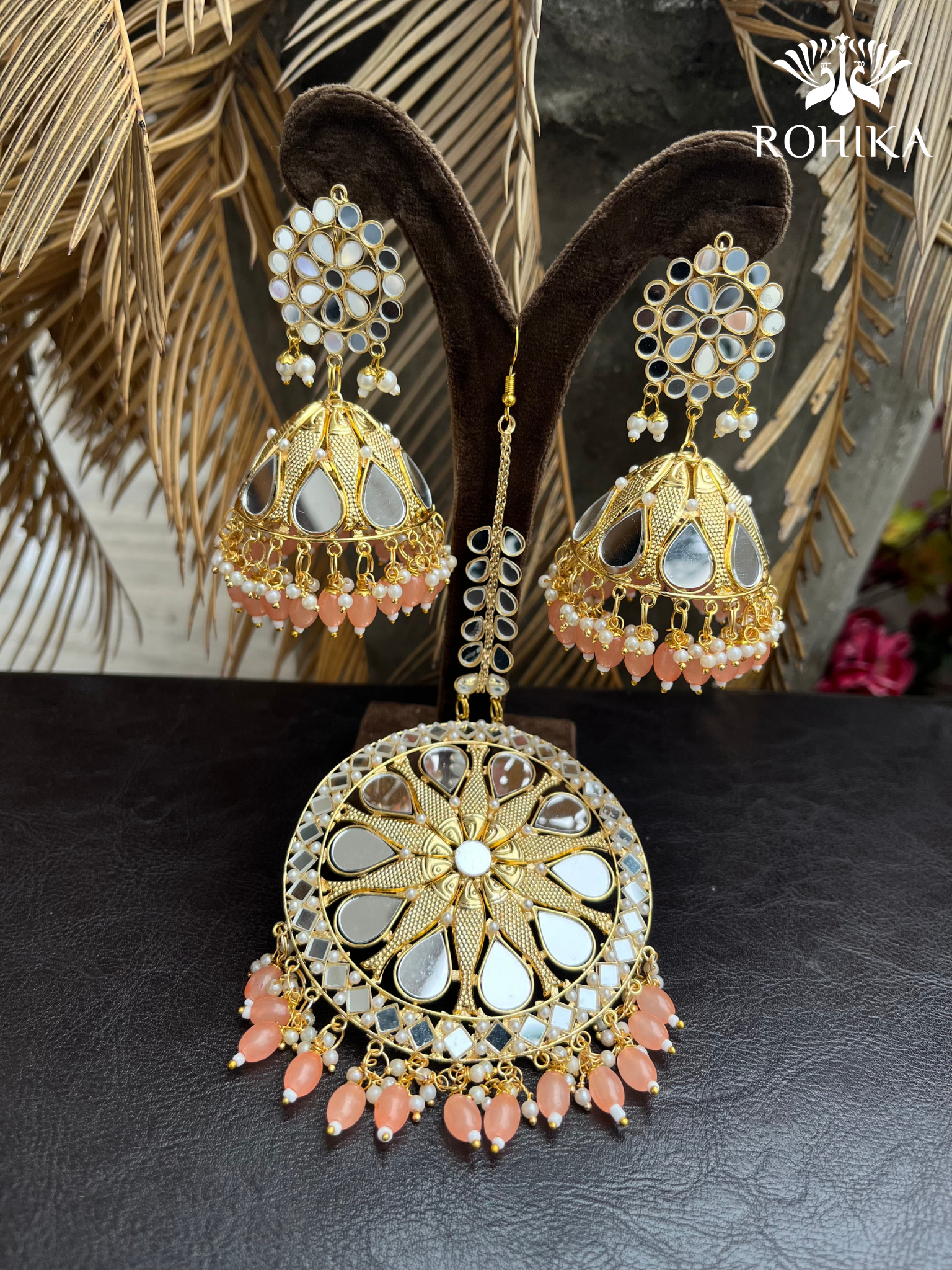 XXL mirror maangtikka with earrings Peach Rohika Store