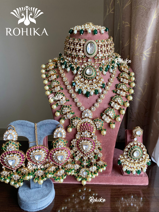 Krati bikaneri kundan necklace combo set - Dark green