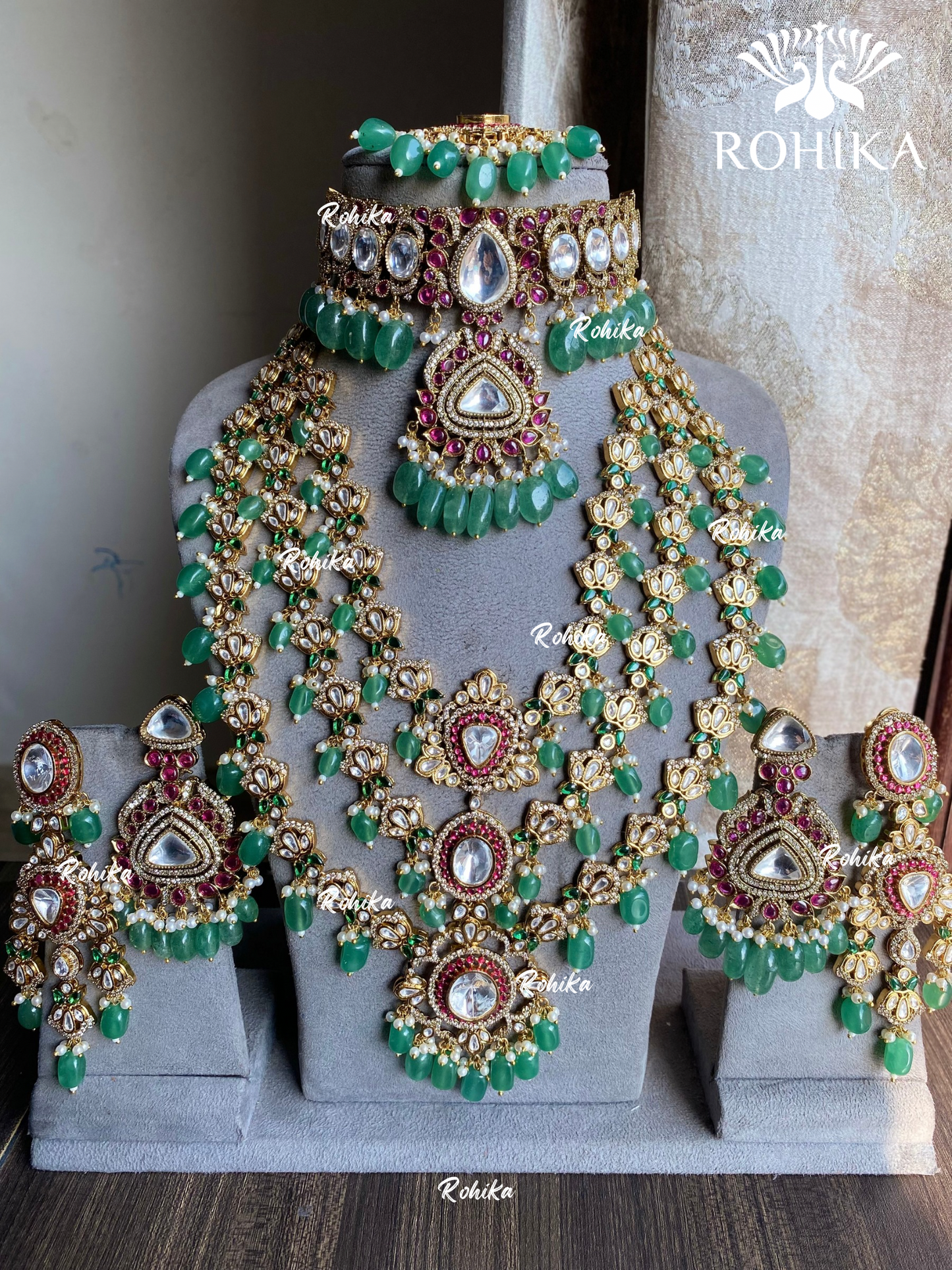 Priyani polki kundan combo set  - Mint Green and red