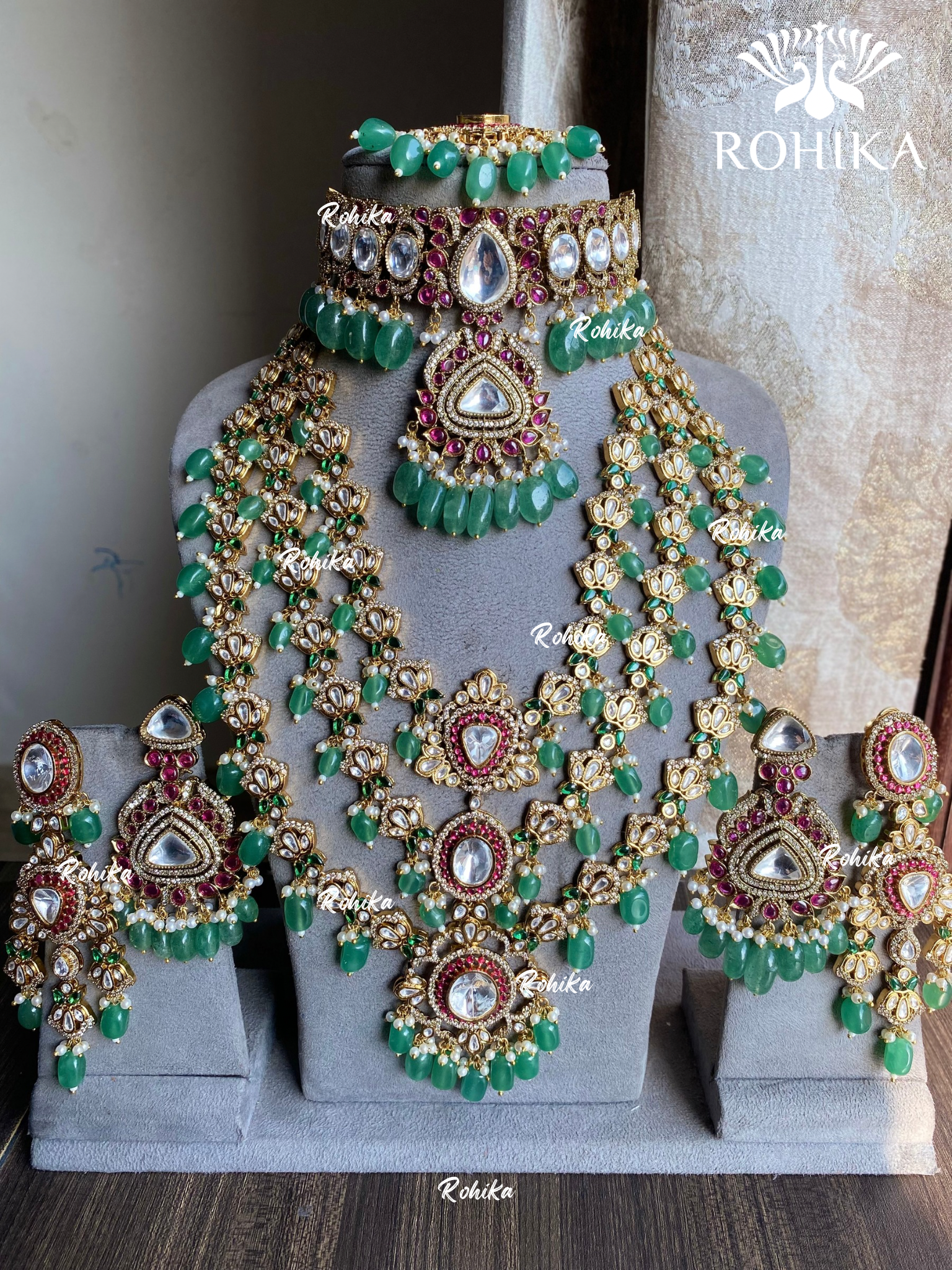 Priyani polki kundan combo set  - Mint Green and red