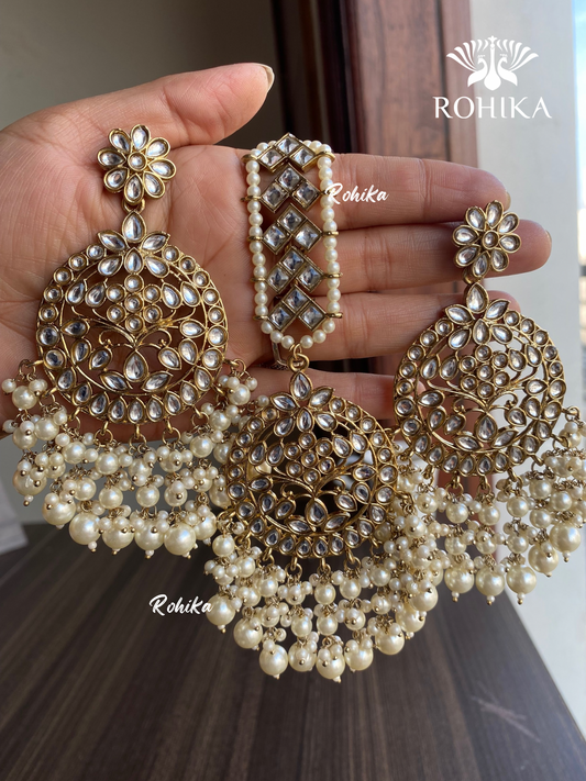 Sapna earrings and maangtikka combo - White