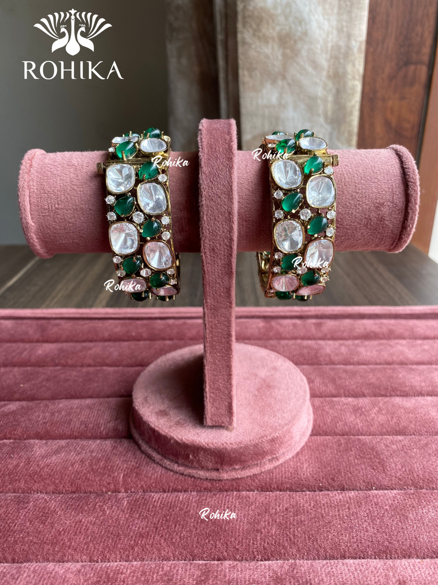 Prithi moisinite kundan kada/bangles - Dark Green