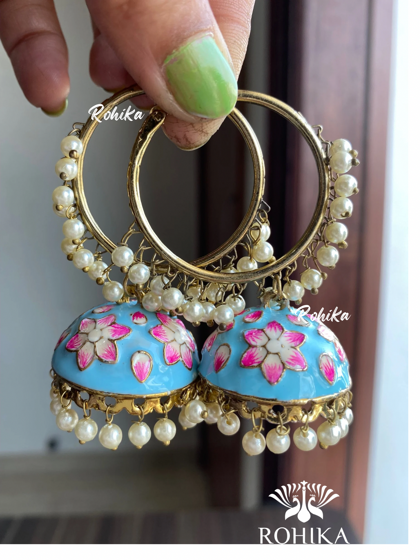 Phool jhumka bali earrings - Sky Blue