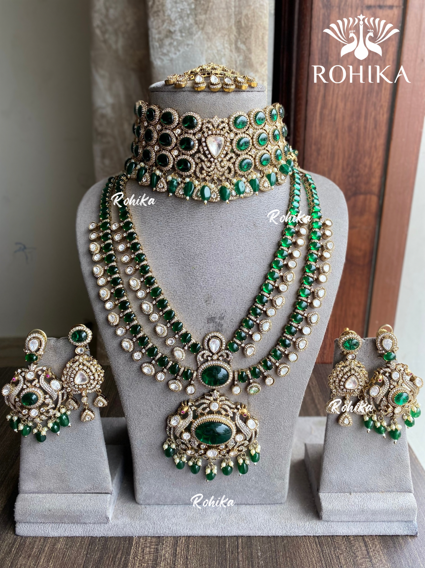 Agasti kundan bridal combo set - Dark Green