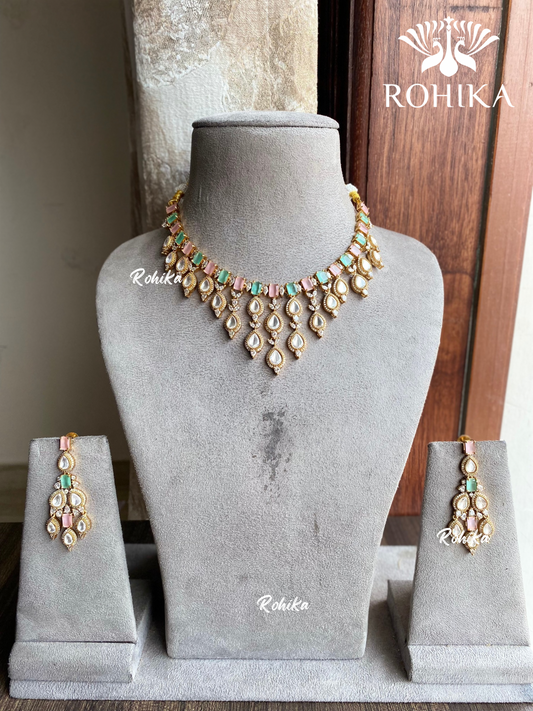 Aashi polki kundan necklace set - Pink and Mint green