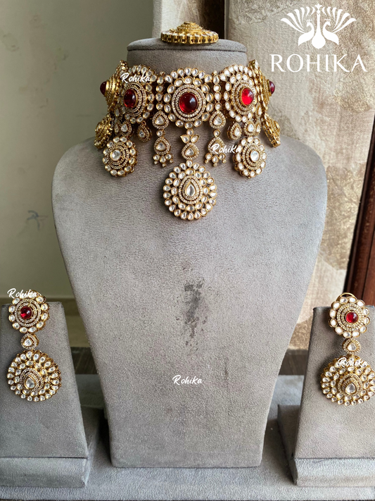 Hamsini polki kundan necklace set - Red