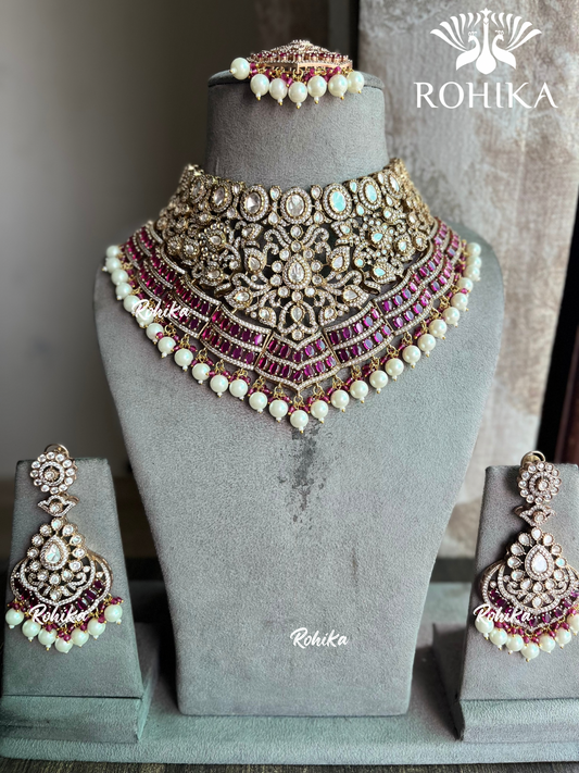 Shravani moisanite polki kundan necklace set - Ruby red