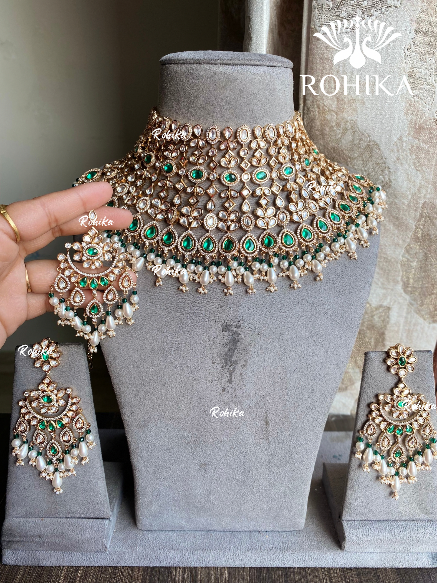 Chintan moisanite bridal necklace set - Green