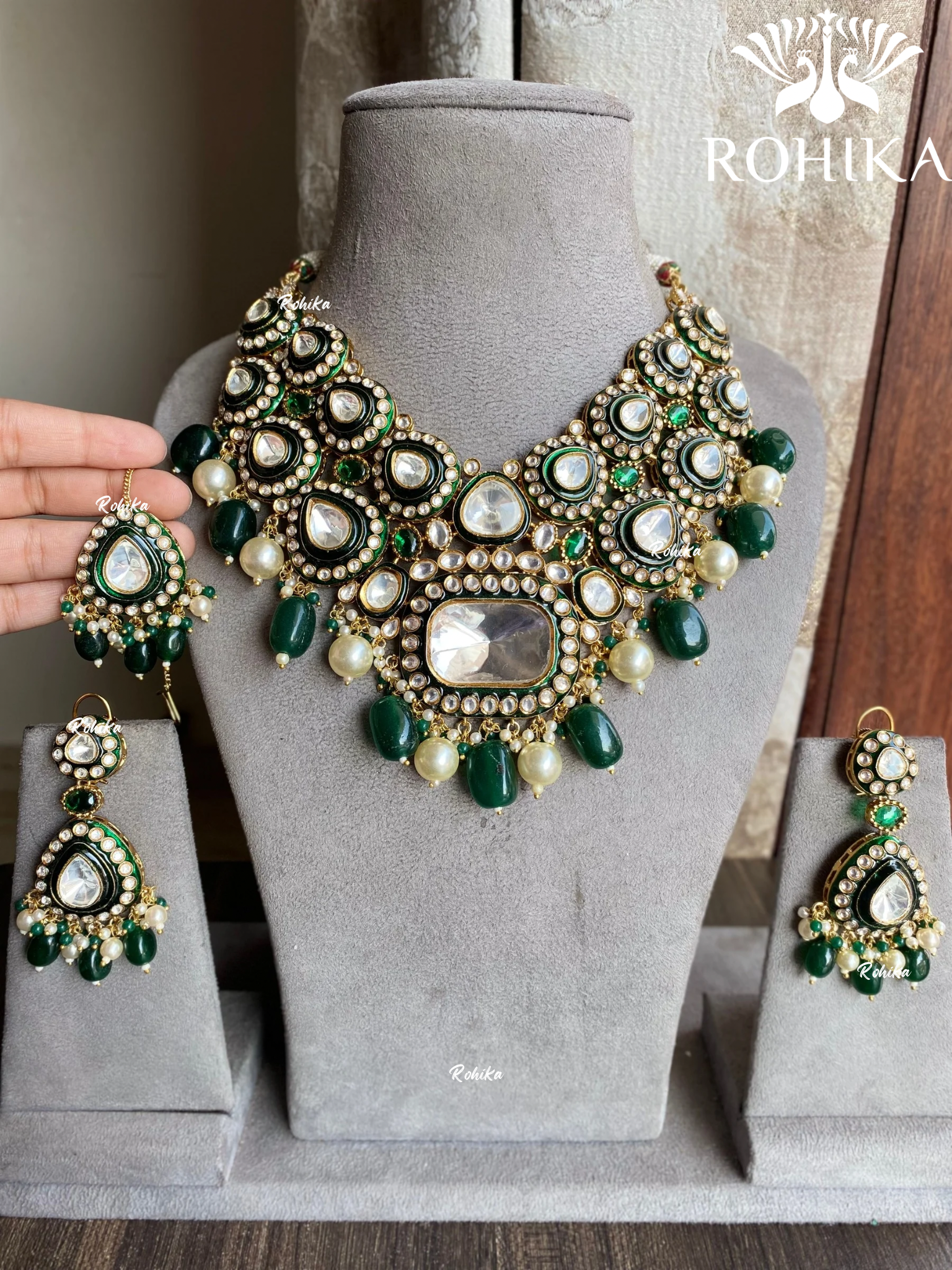 Gunjan bikaneri kundan bridal necklace set - Dark Green