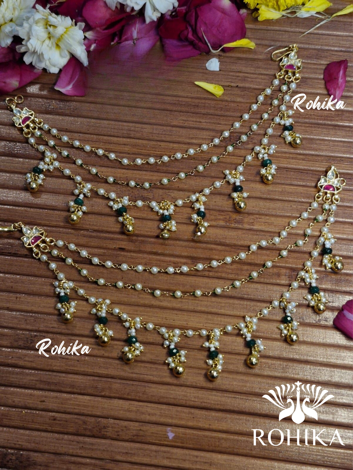 Pachhi kundan earchains - Green and golden