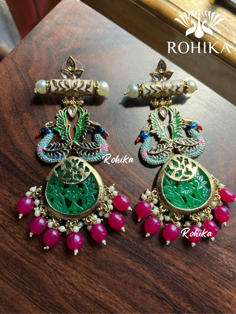 Morni meenakari carving earrings - Green