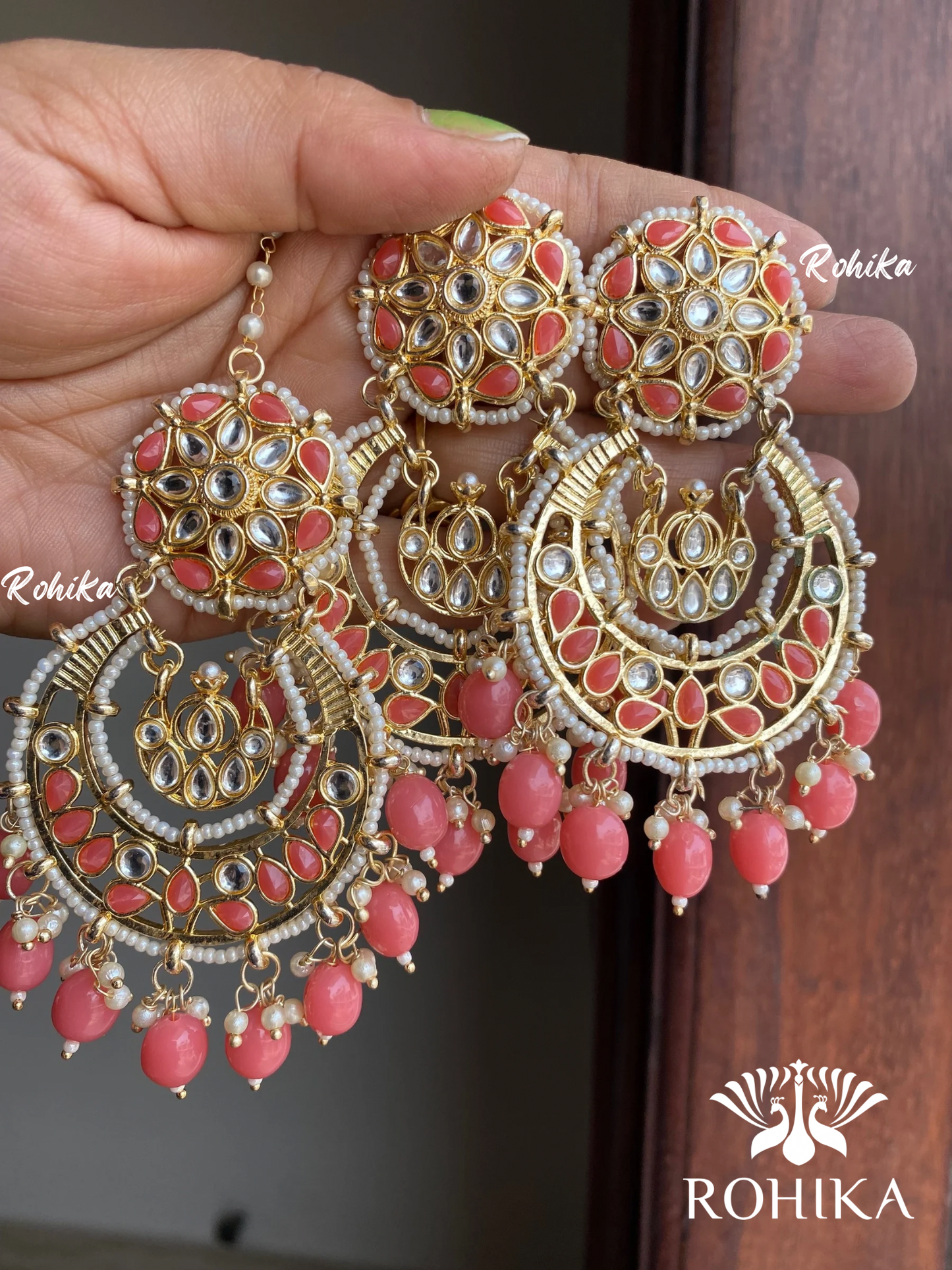 Karina earrings and maangtikka combo - Pink