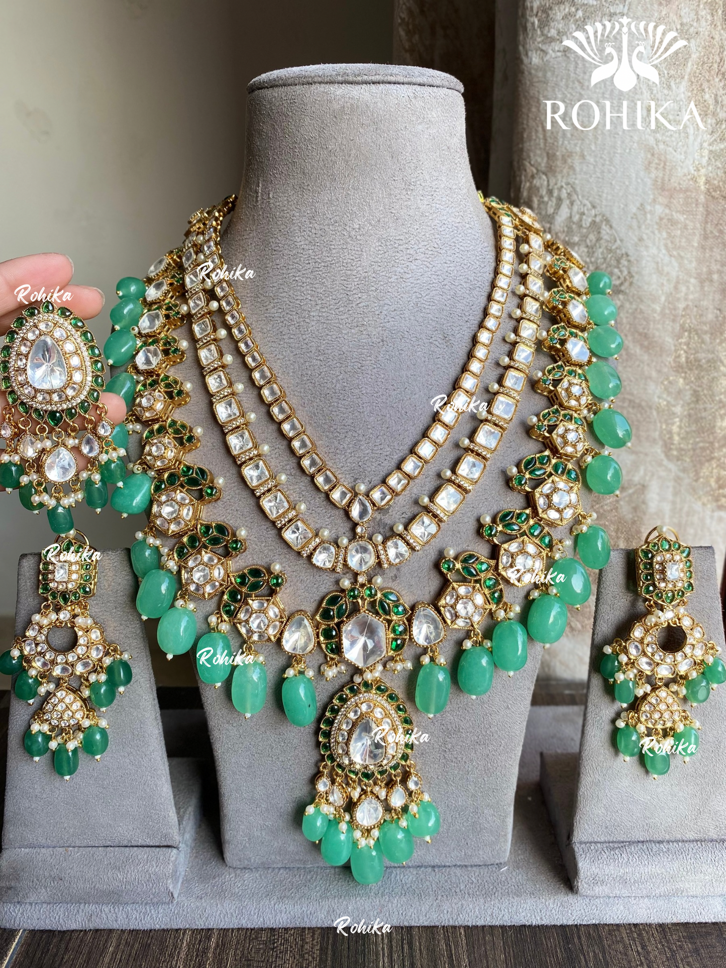 Anika bikaneri jadau kundan long necklace set - Mint green