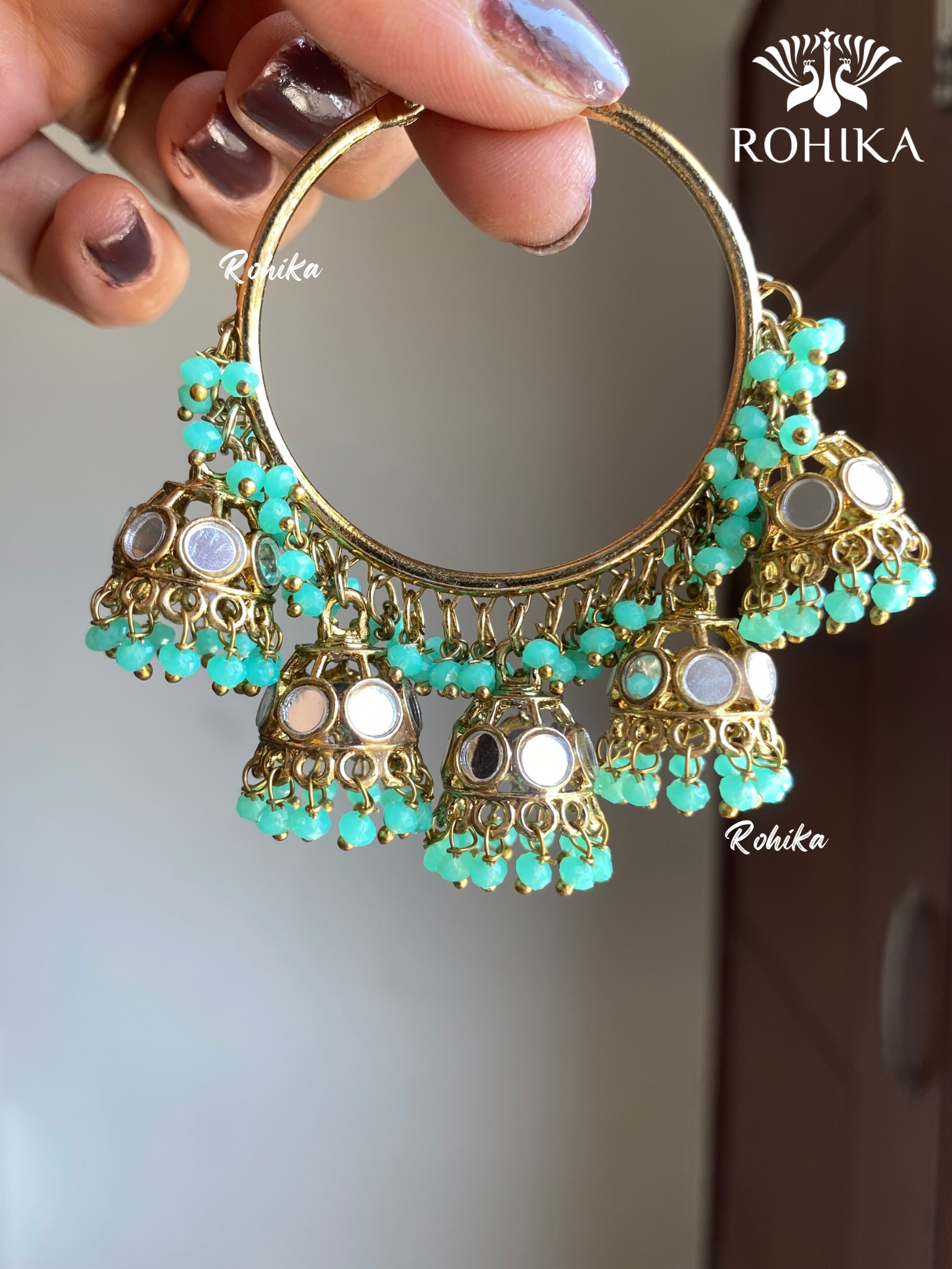 Leena mirror jhumki bali earrings - Mint Green