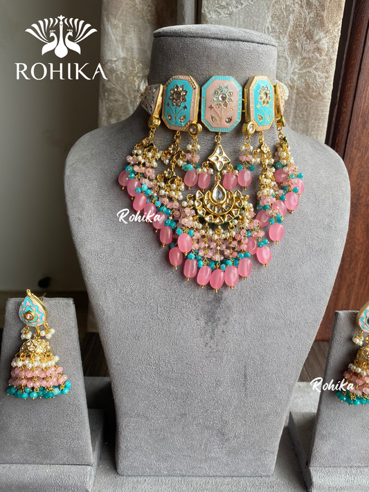 Naina meenakari kundan choker set - Pink and Blue