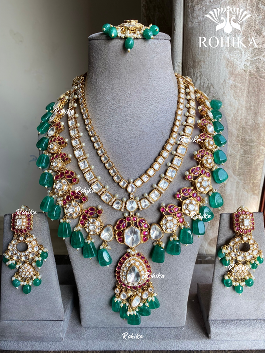 Anika bikaneri jadau kundan long necklace set - Green and Pink