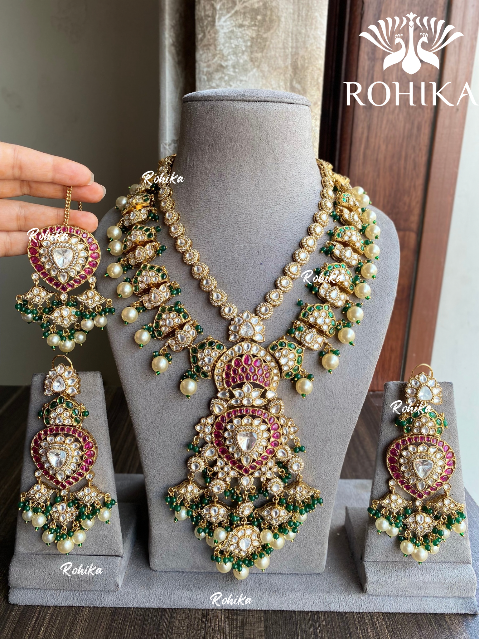 Sangam polki polki kundan long necklace set - Dark green and Pink