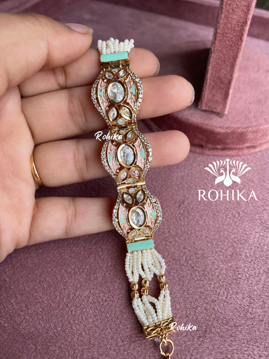 Anhita polki kundan meenakari bracelet/kada - Pink/Mint green