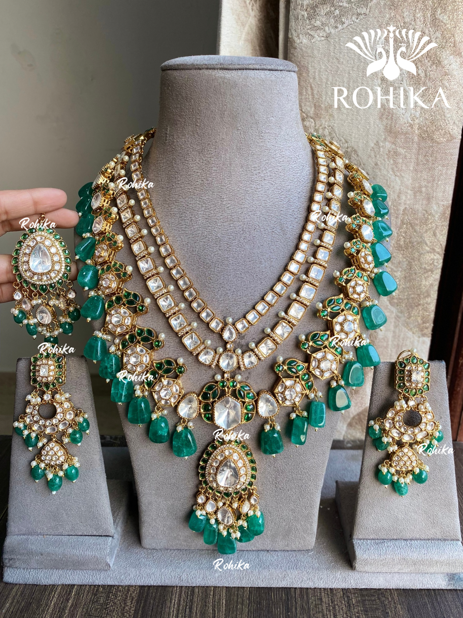 Anika bikaneri jadau kundan long necklace set - Dark green