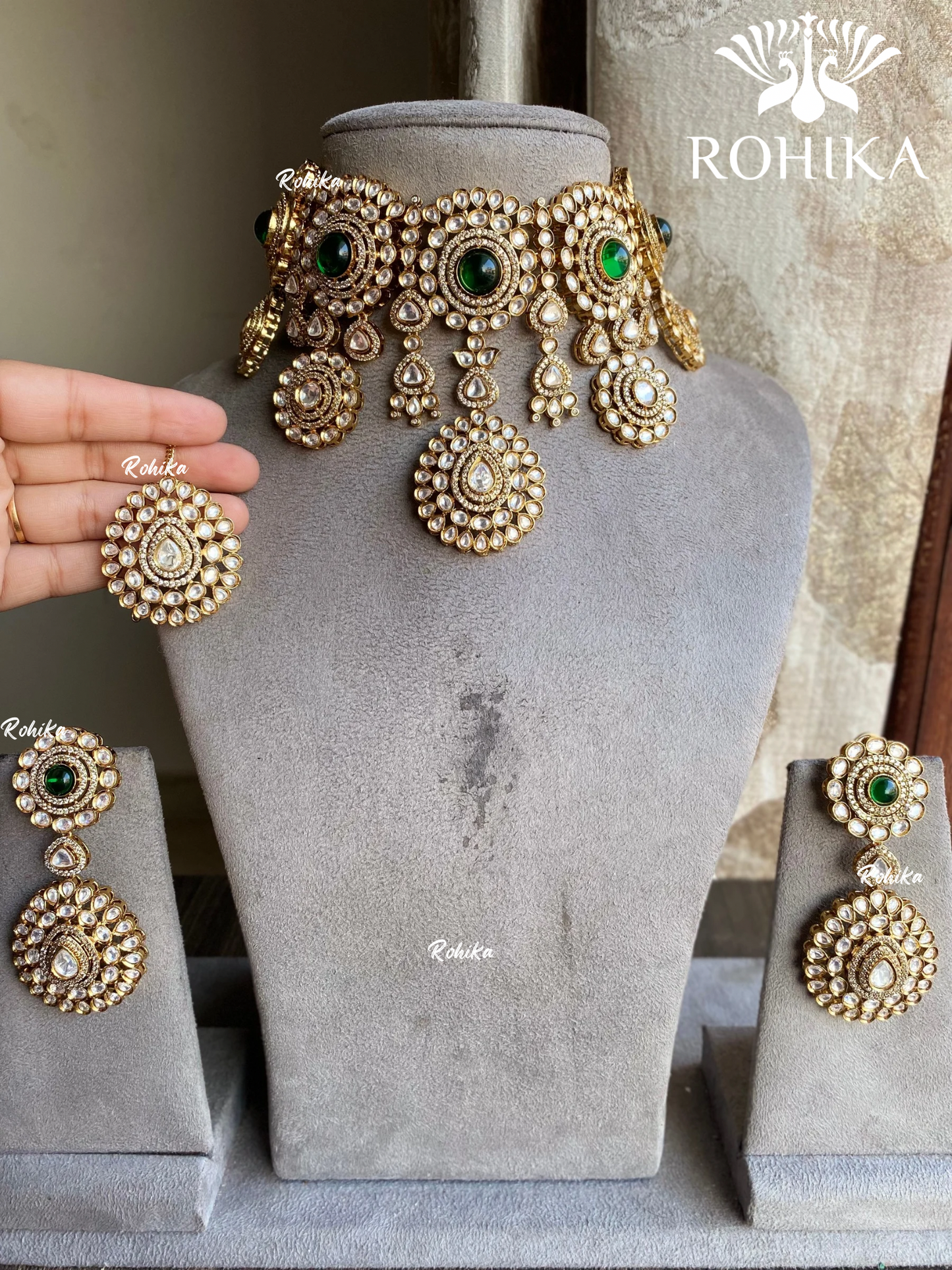 Hamsini polki kundan necklace set - Dark green