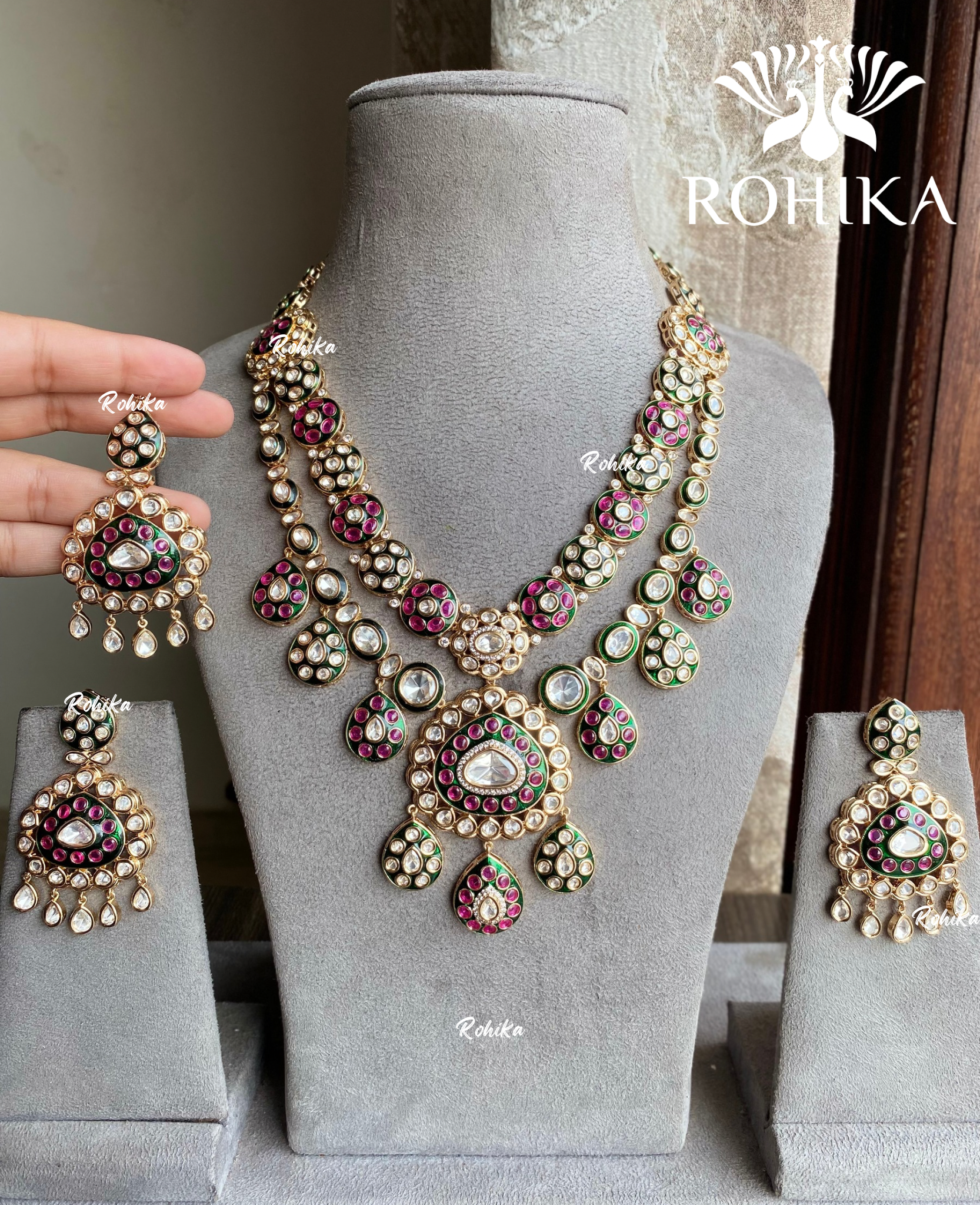 Tapasya moisanite polki necklace set - Green and Pink