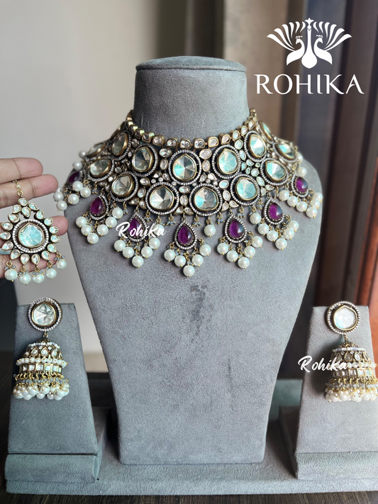 Katha polki kundan bridal set - Purple