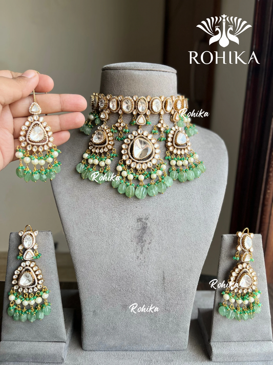 Zina designer polki kundan choker set - Mint Green