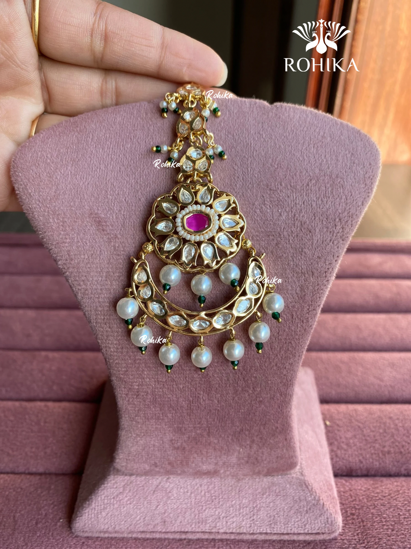 Polki kundan maangtikka (PLKM-034) - Pink & green