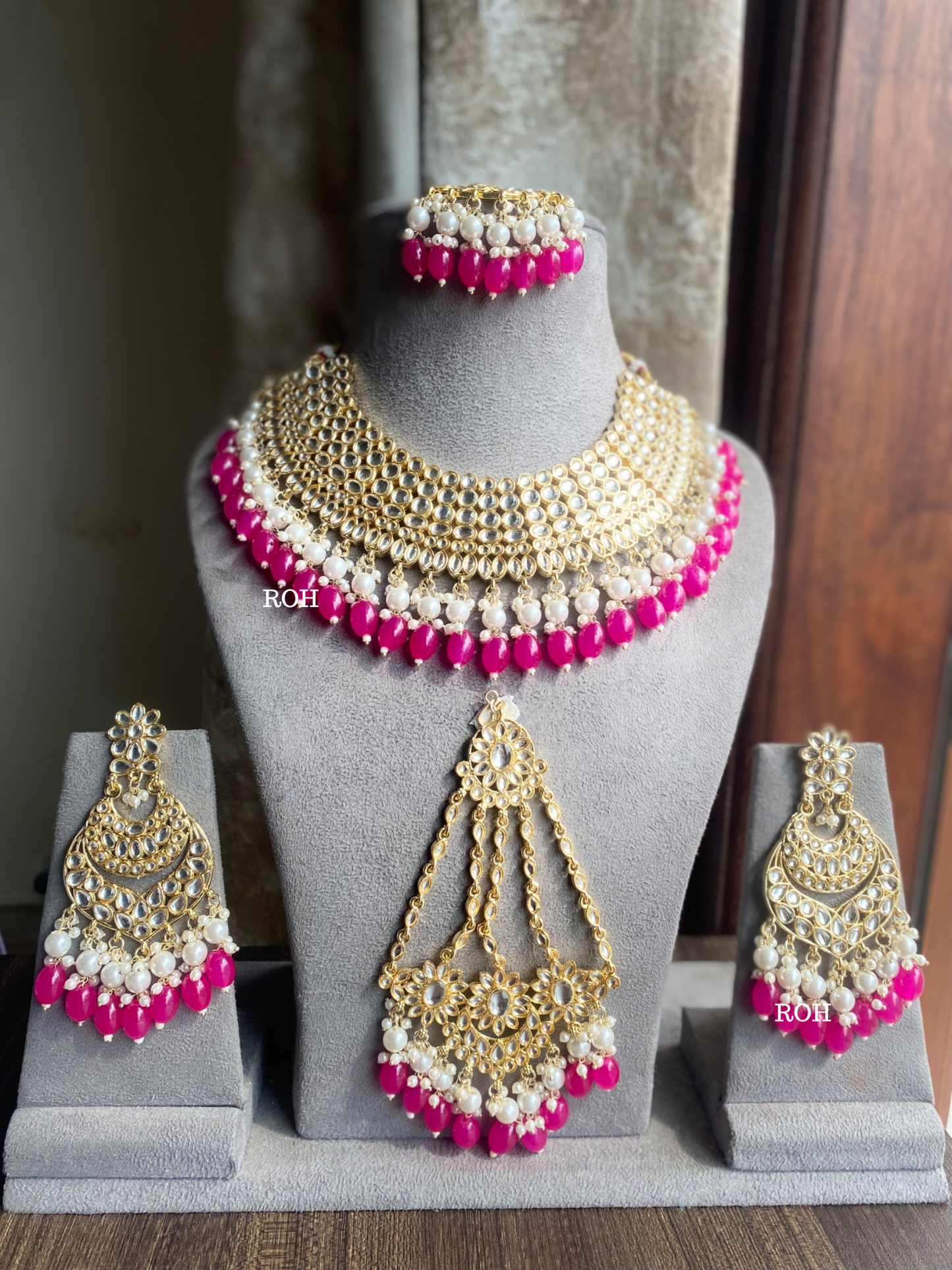 Kali dabi Kundan semi-bridal necklace set - Dark Pink