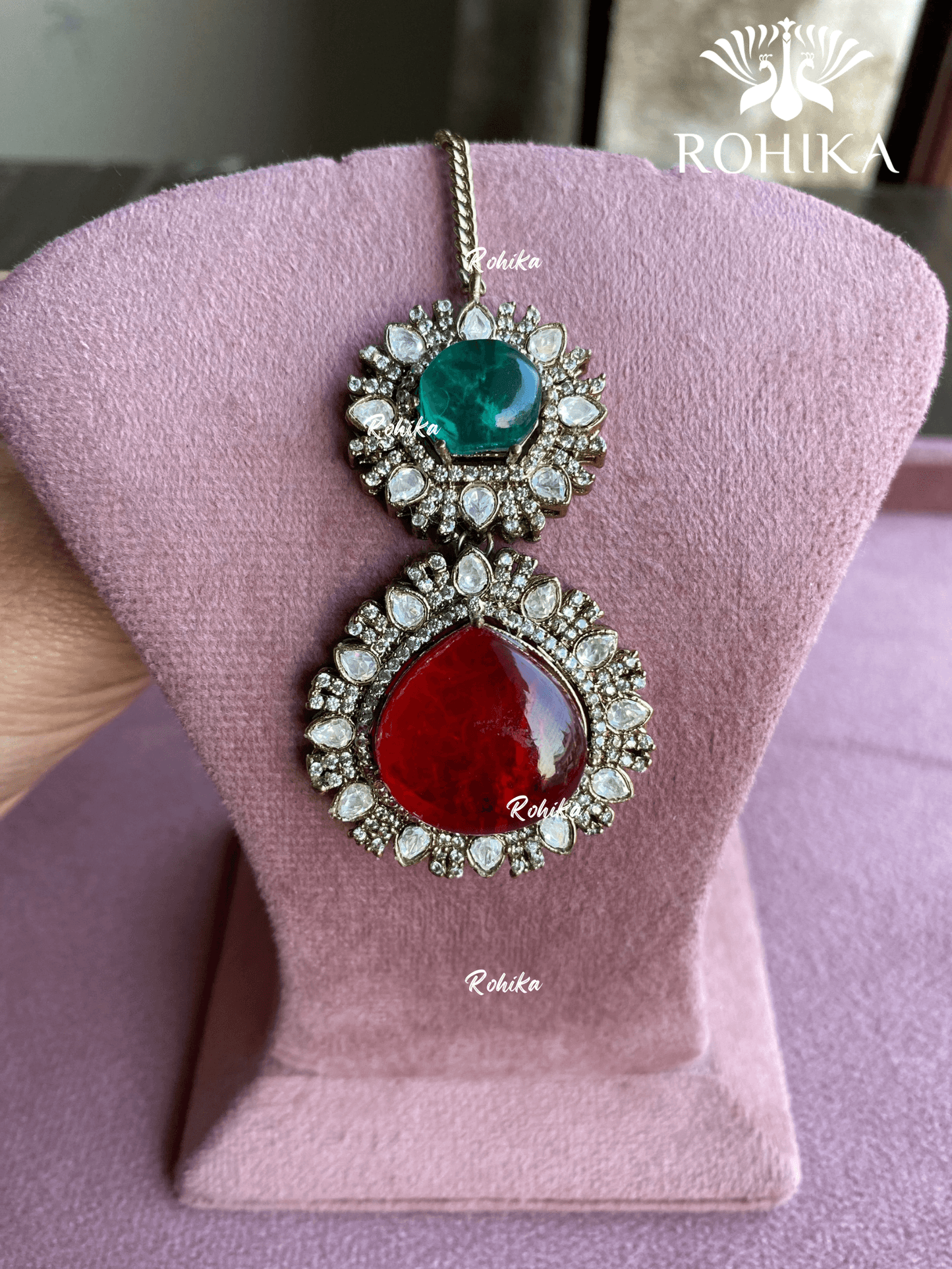 Siya doublet stone maangtikka - Dark green & red - Rohika Store