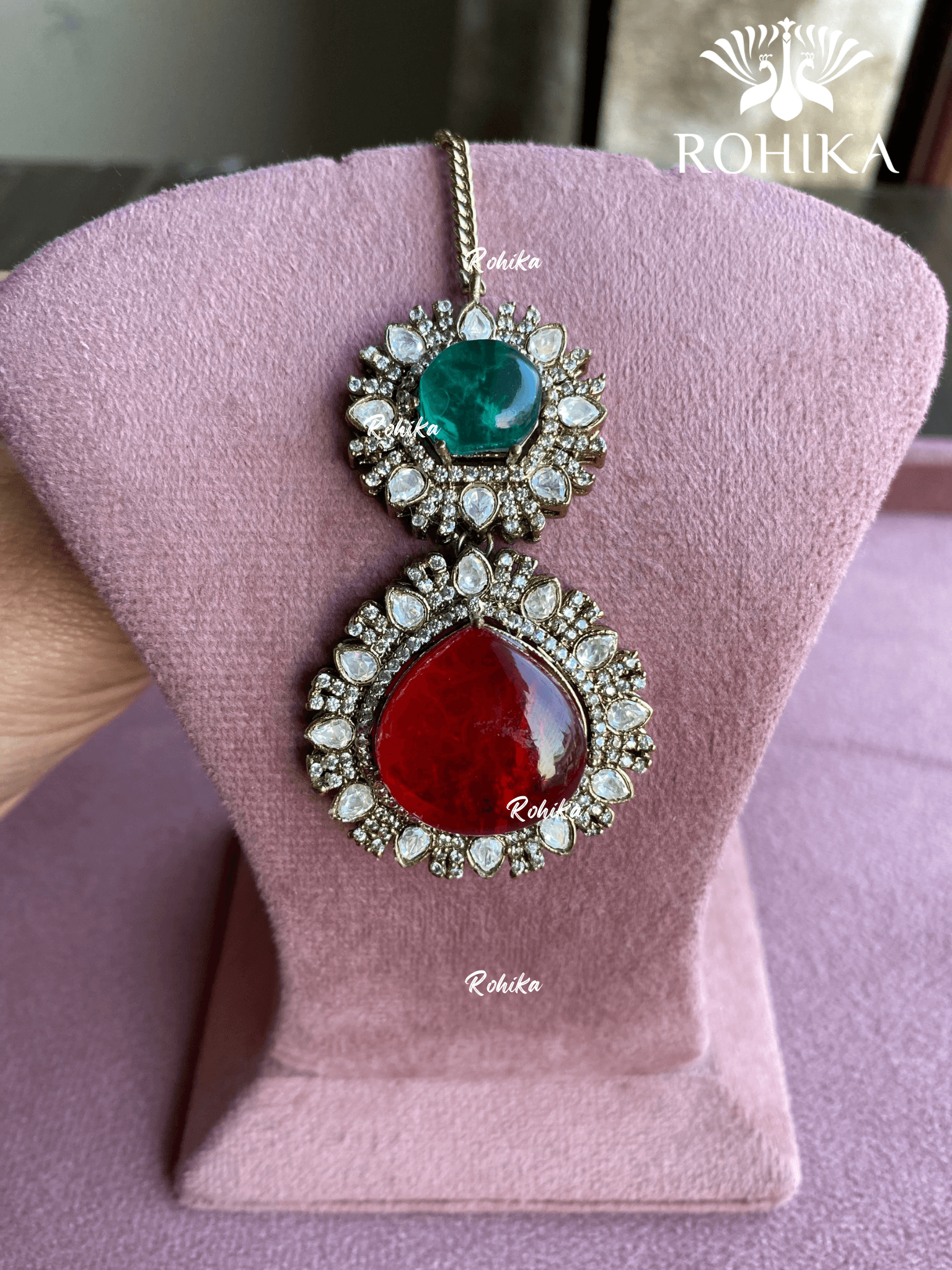 Siya doublet stone maangtikka - Dark green & red - Rohika Store