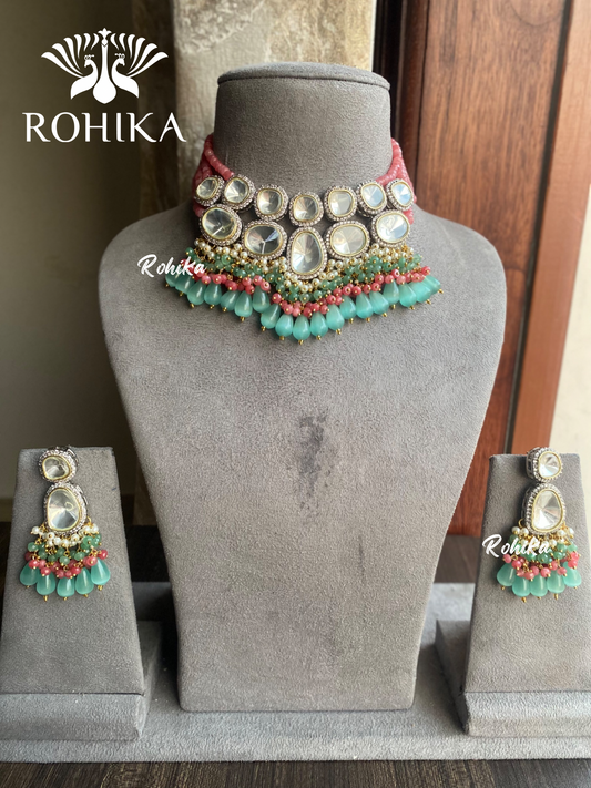 Laisha polki kundan choker set - Mint Green and peach