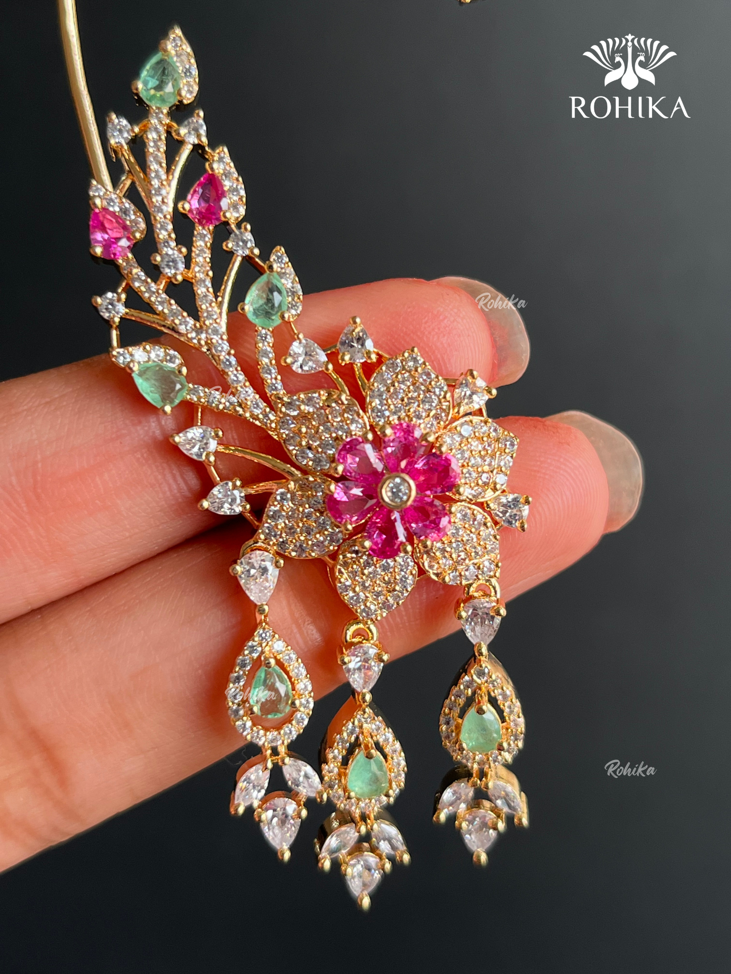 Aashvika American Diamond Earcuff Earrings - Mint Green And Pink