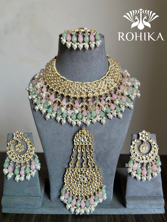 Shaheen Dabi Kundan bridal necklace set - Pink and Mint (Multi)